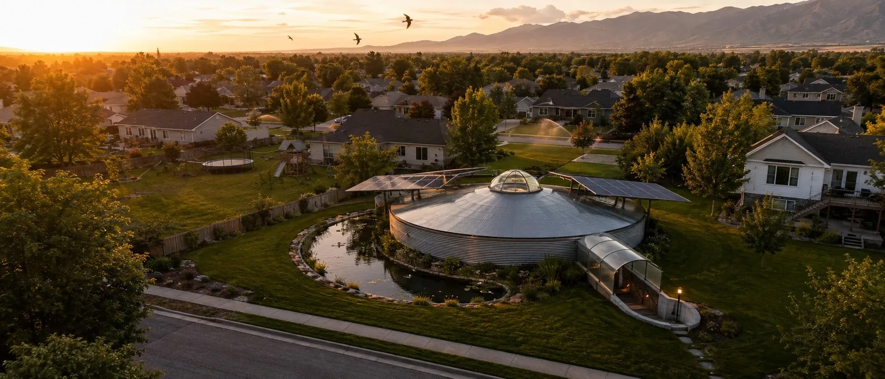 Golden-hour aerial of an ordinary suburban block, the buried studio ringed by its pond in one back garden