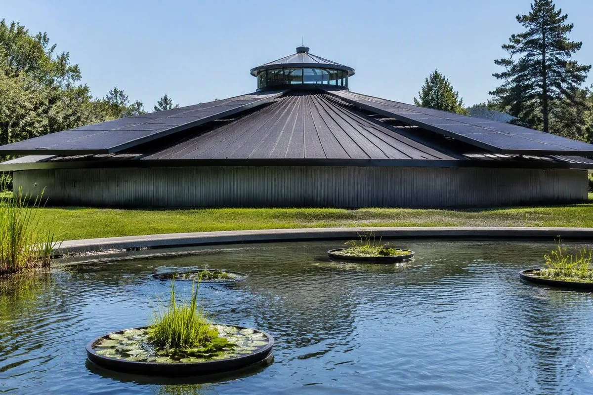 The dark cone at midday seen across the lily pond, solar wings tilted toward a hard summer sun