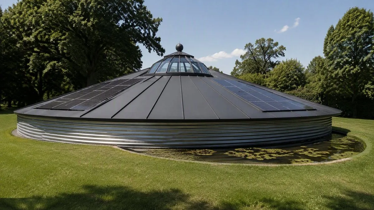 The corrugated drum band and dark standing-seam cone in bright daylight above the pond