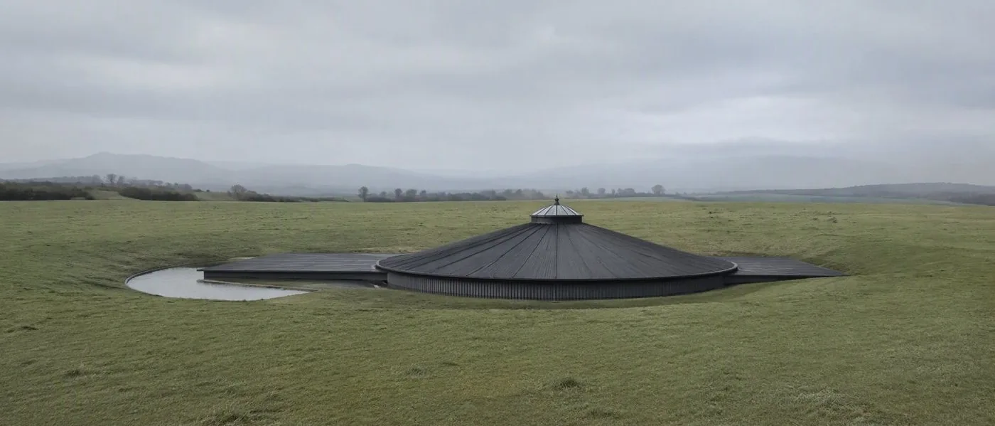 The building small and dark in a pale green field under a flat grey sky