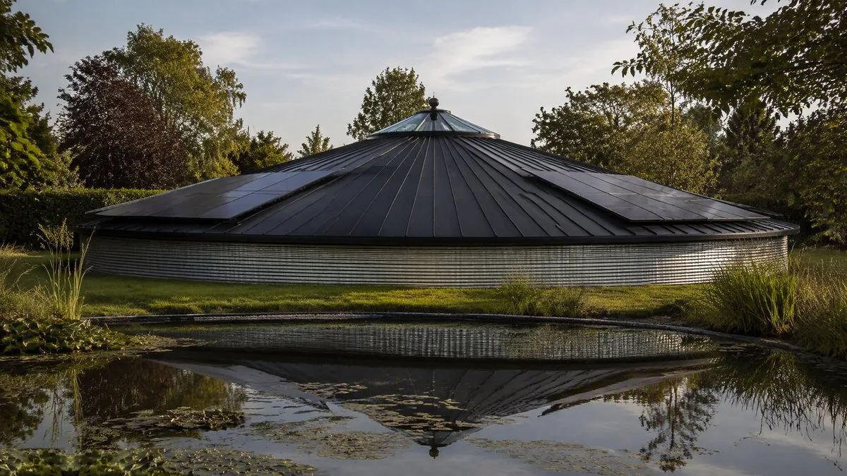 The dark cone mirrored in still pond water at dusk in autumn