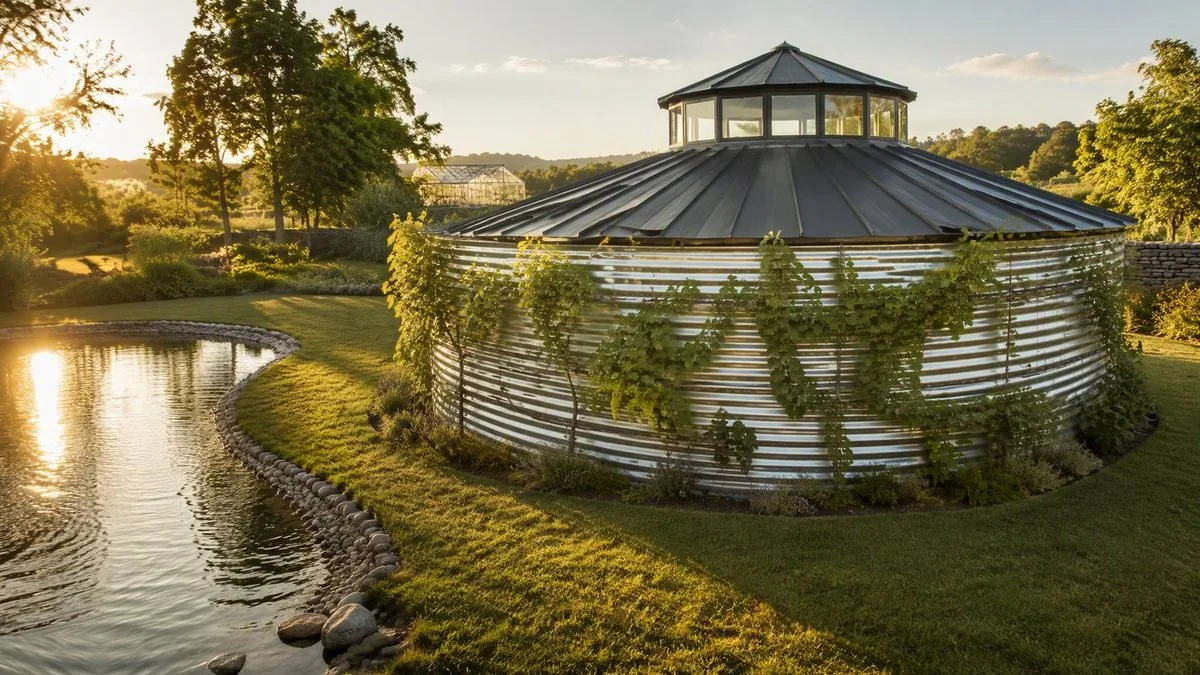 Summer evening, vines climbing the corrugated drum, the pond gold with low sun