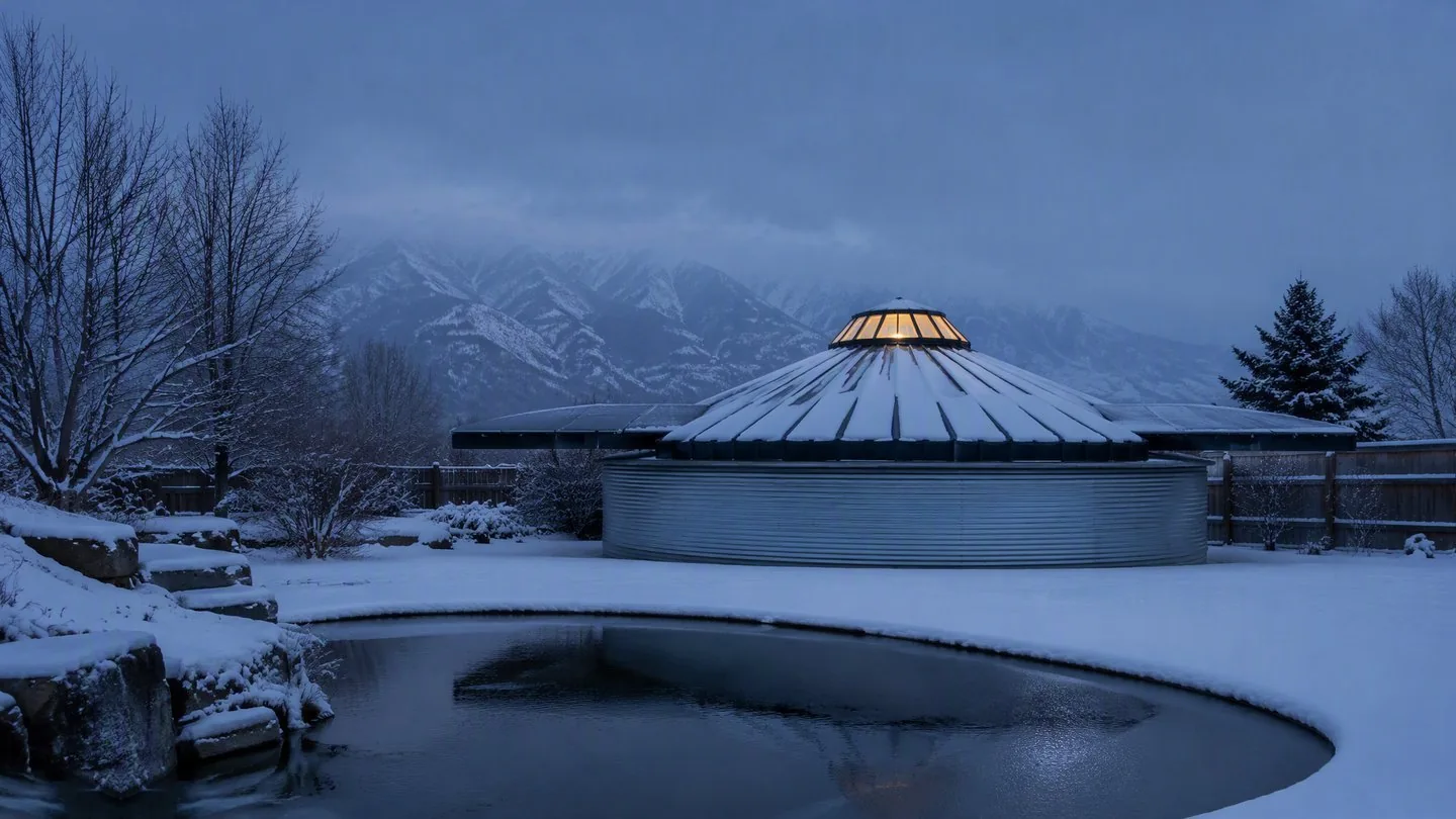 Fresh snow on the dark cone, the lantern glowing amber, the pond frozen, mountains behind