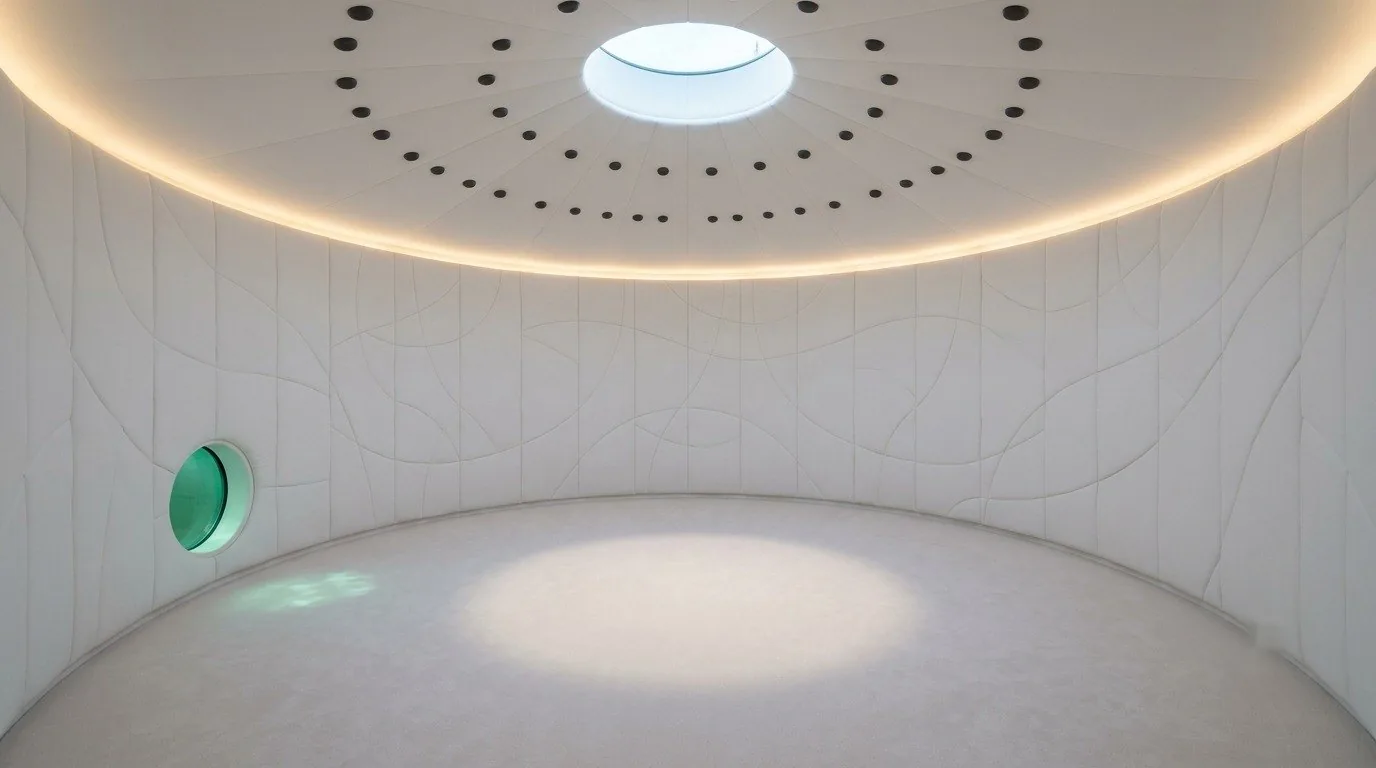 The empty circular padded room, oculus overhead, ceiling bosses in two rings, green pond window low on the wall