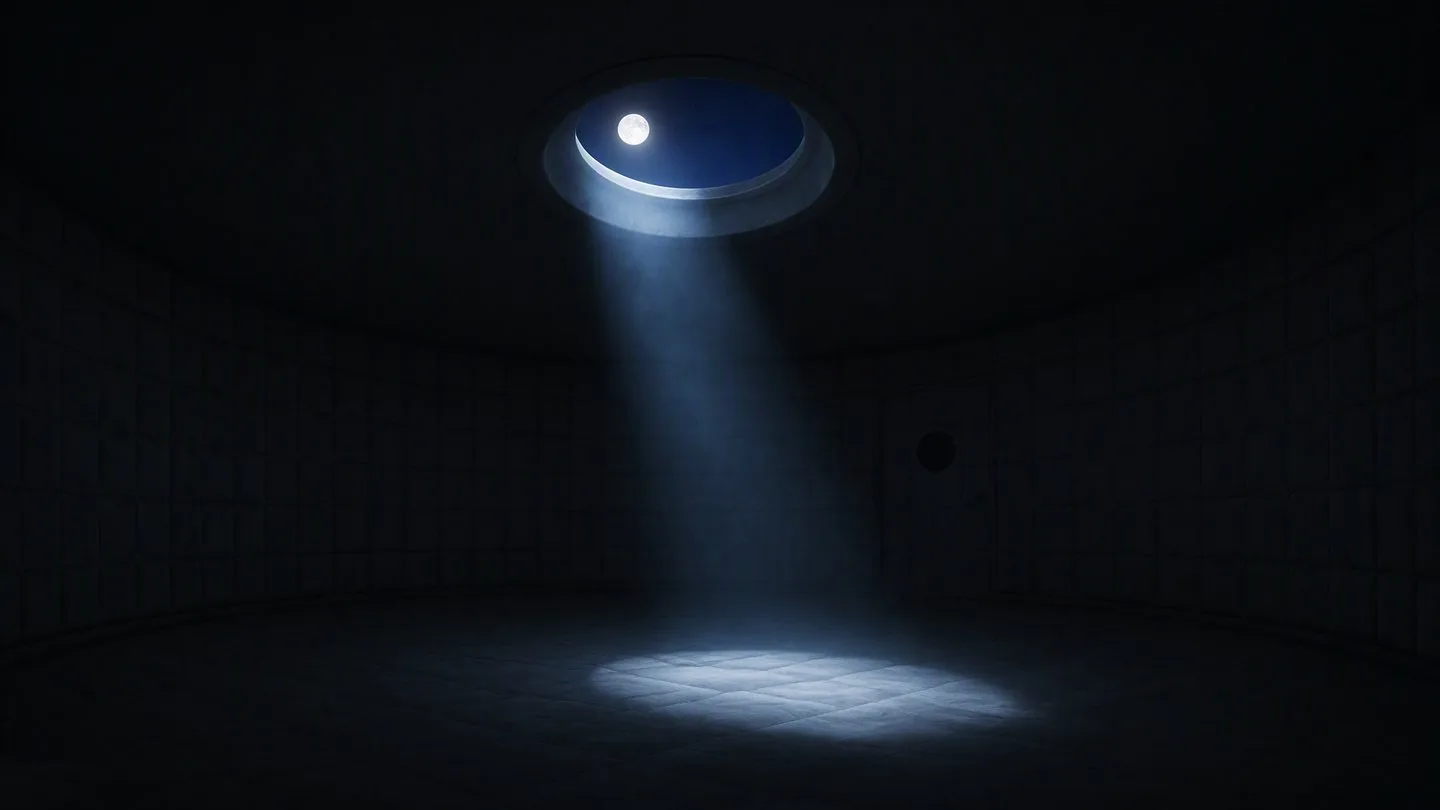 The empty padded round room at night: a leaning shaft of moonlight from the oculus, the full moon visible through the glass, the pool of light on the floor north of centre