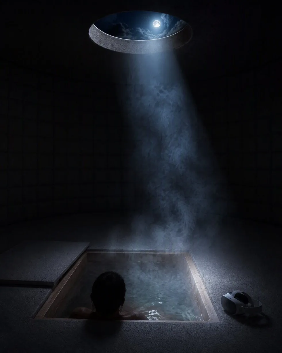 A leaning shaft of moonlight entering the dark room through the oculus and landing in the open steaming bath, a headset set down on the floor