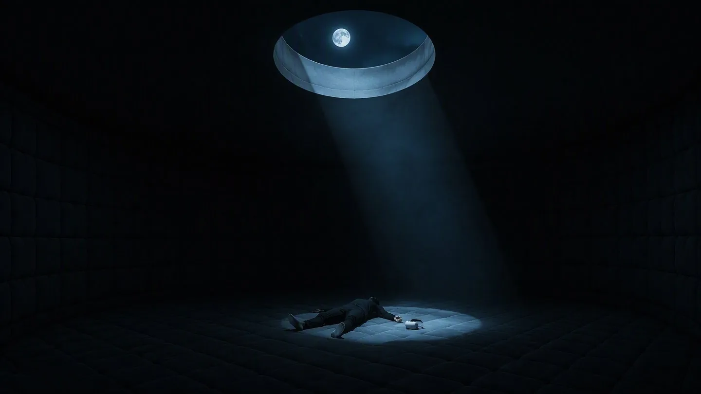 A person lying in the pool of moonlight on the padded floor, headset set down beside them, the splayed oculus well glowing above