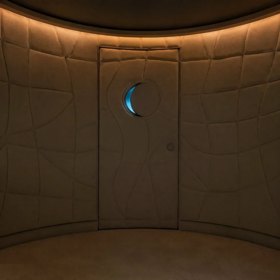 The inside face of the door, quilted flush, its round porthole half covered by a sliding disc making a crescent