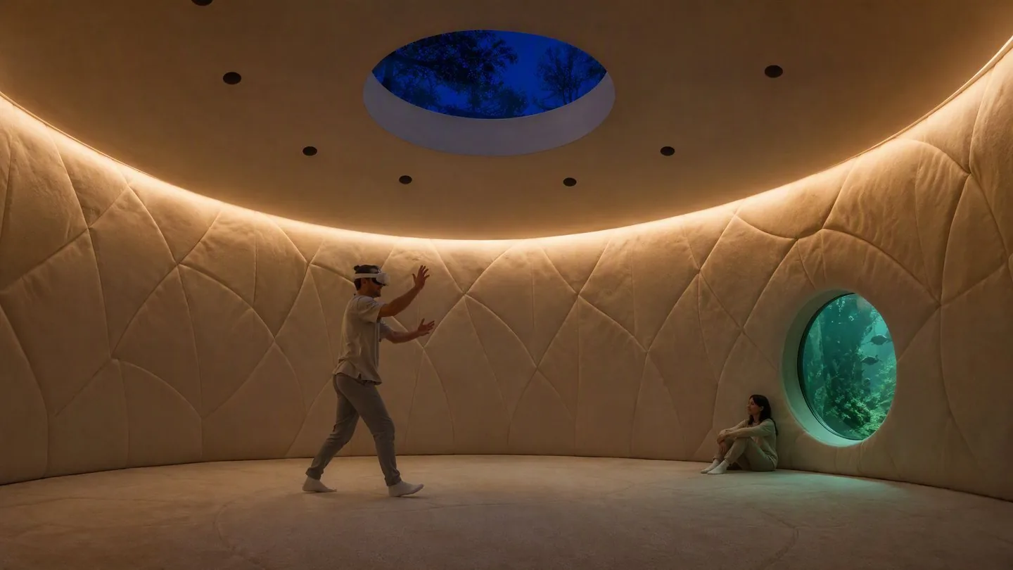 One person in a headset moving mid-stride in the warm-lit round room while a second person sits by the glowing fish window watching