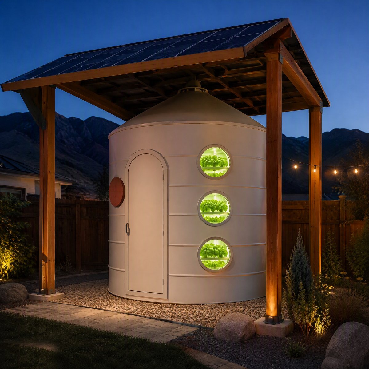 A white grow silo with glowing green portholes under a dark solar canopy at blue hour