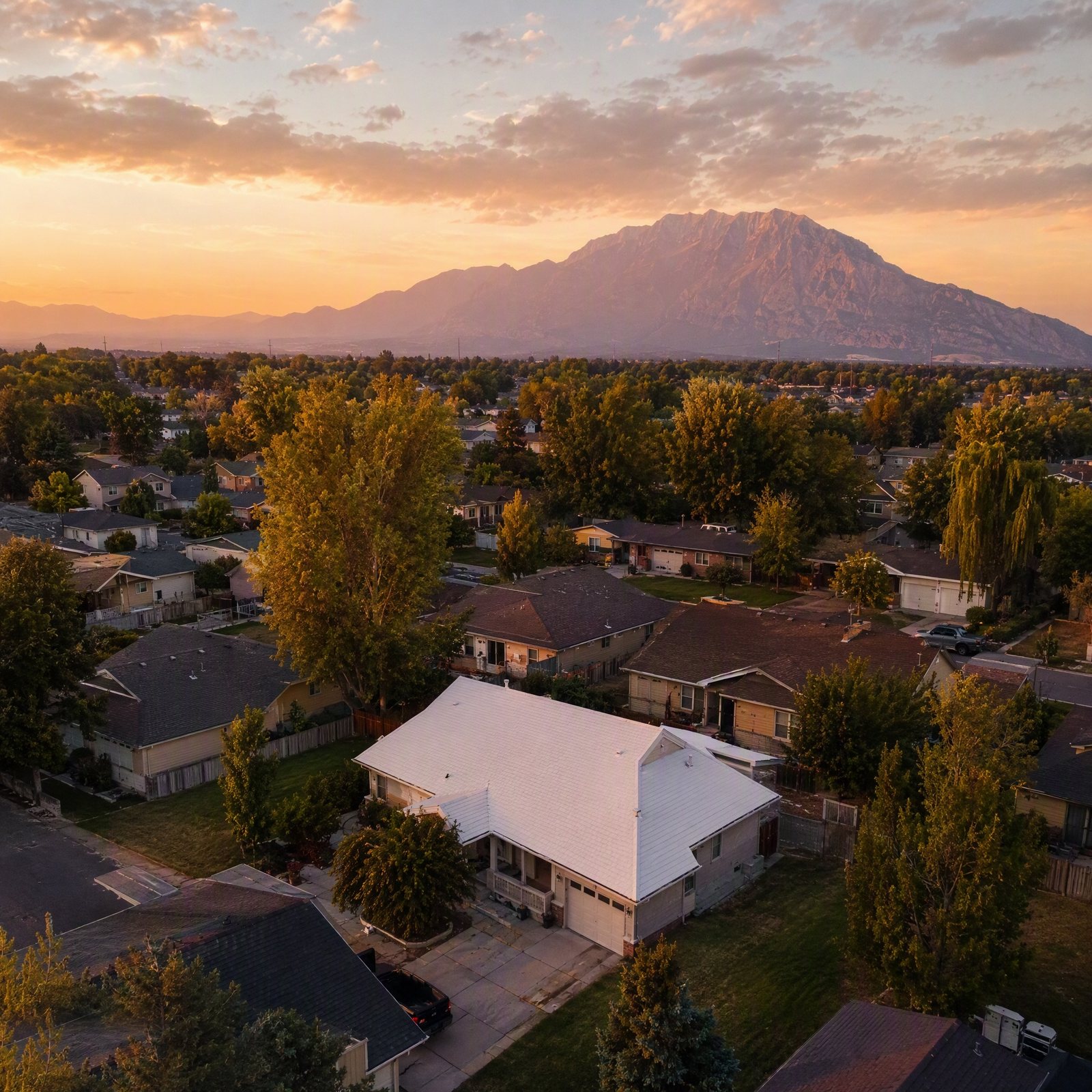 Golden-hour aerial of an Orem street: one roof coated white, glowing against dark shingle roofs, Mount Timpanogos beyond